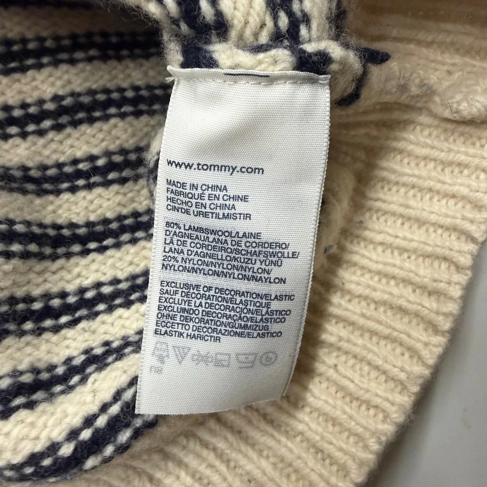 Tommy Hilfiger Mens XXL Lambs Wool Cream Navy Stripe Cable Knit Sweater Crewneck